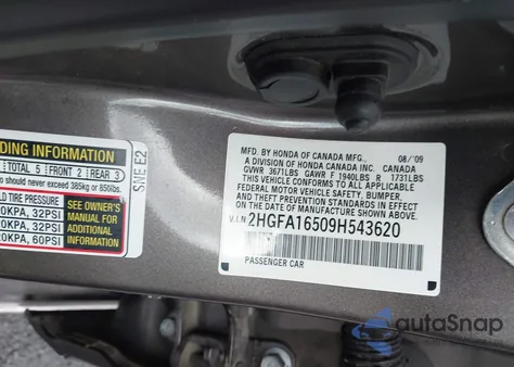 2009 Honda Civic Lx z USA, uszkodzony, nr VIN 2HGFA16509H543620